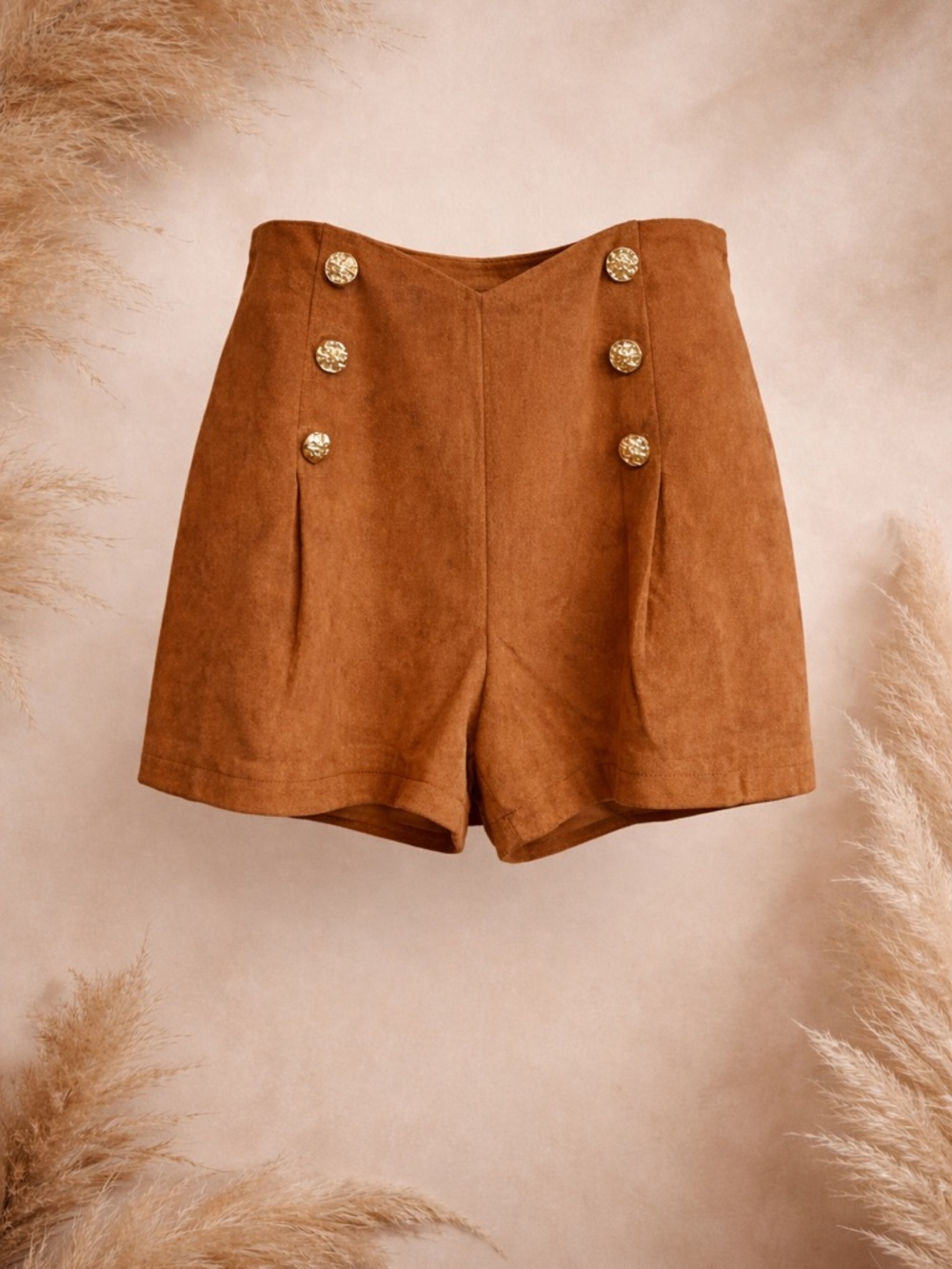 Commense Size Medium High-Waist Rust Brown Suede-Look Shorts with Gold Buttons